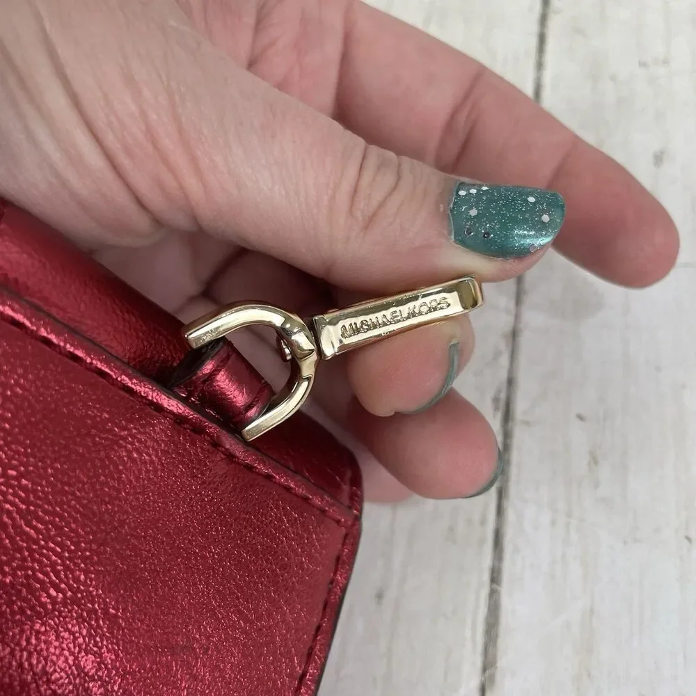 Michael Kors Jet Set Metallic Red Coin /AirPods Case Key Chain MK Logo Bag